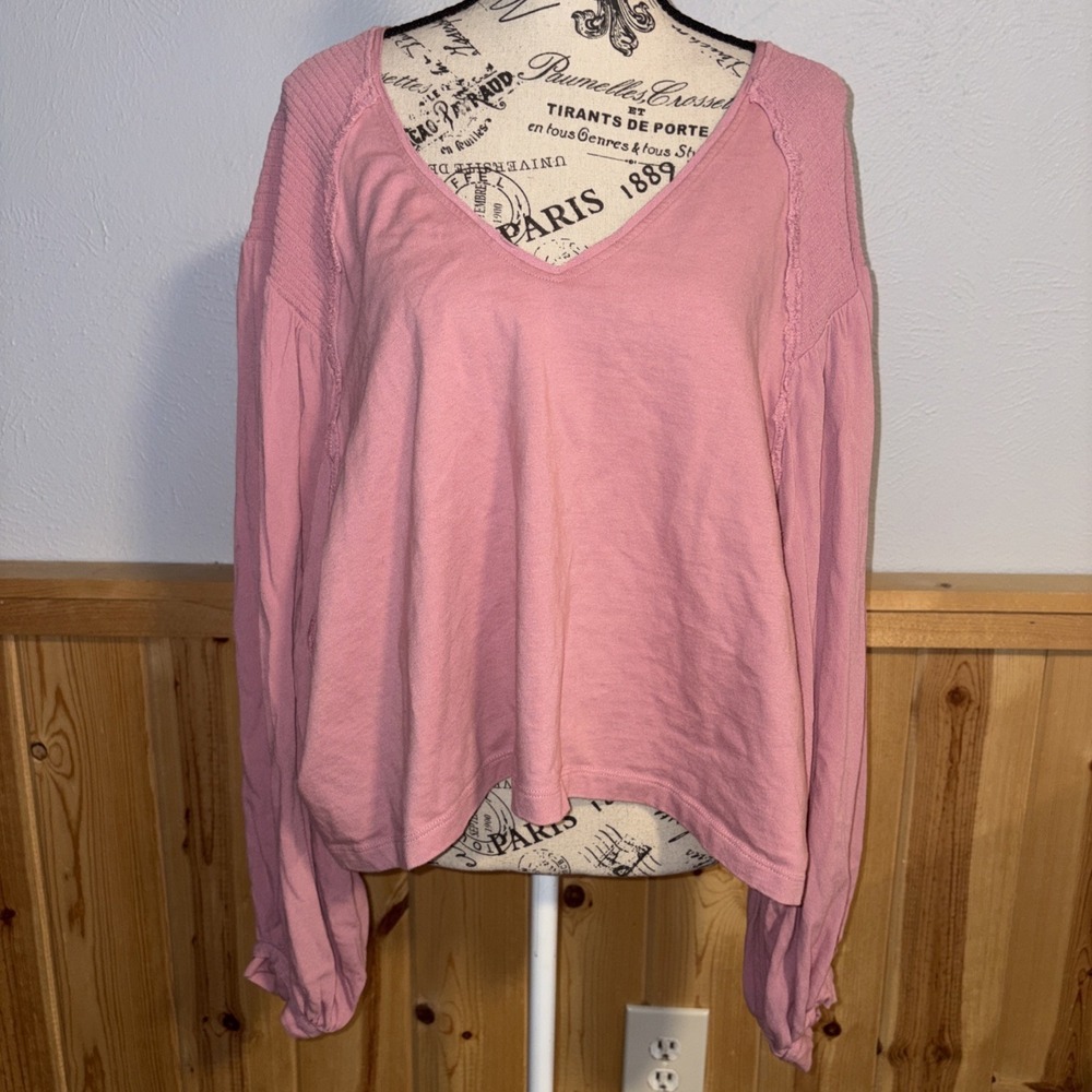 Free People Blush Pink Kathy Boho Long Sleeve‎ Blouse Large Cottagecore